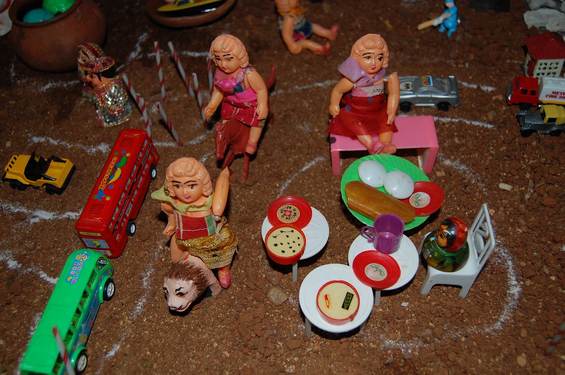 A Navaratri Golu, tiers of dolls arranged on steps in a South Indian home