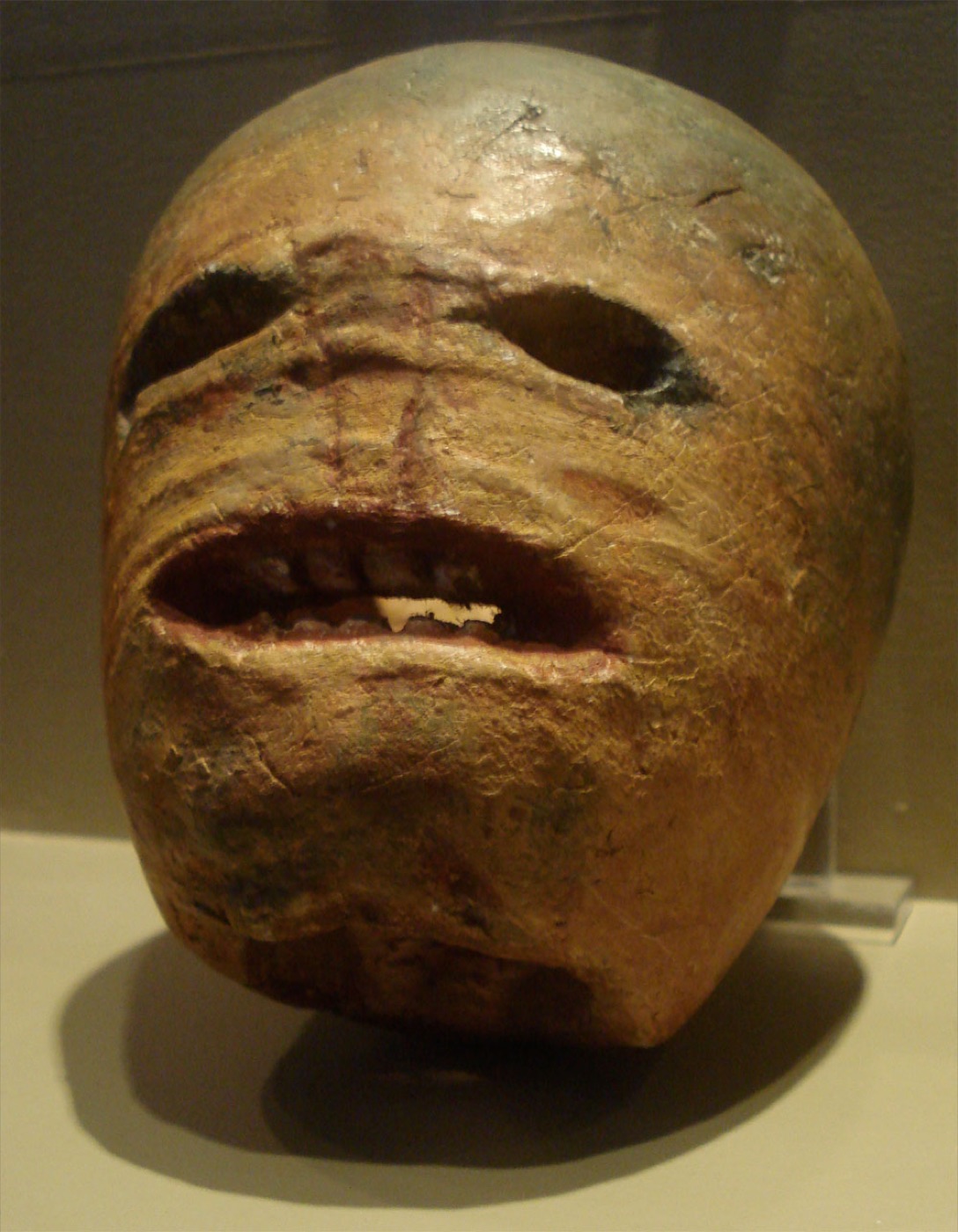 A shrivelled early 20th-century turnip carved with a frightening face, displayed in a museum case
