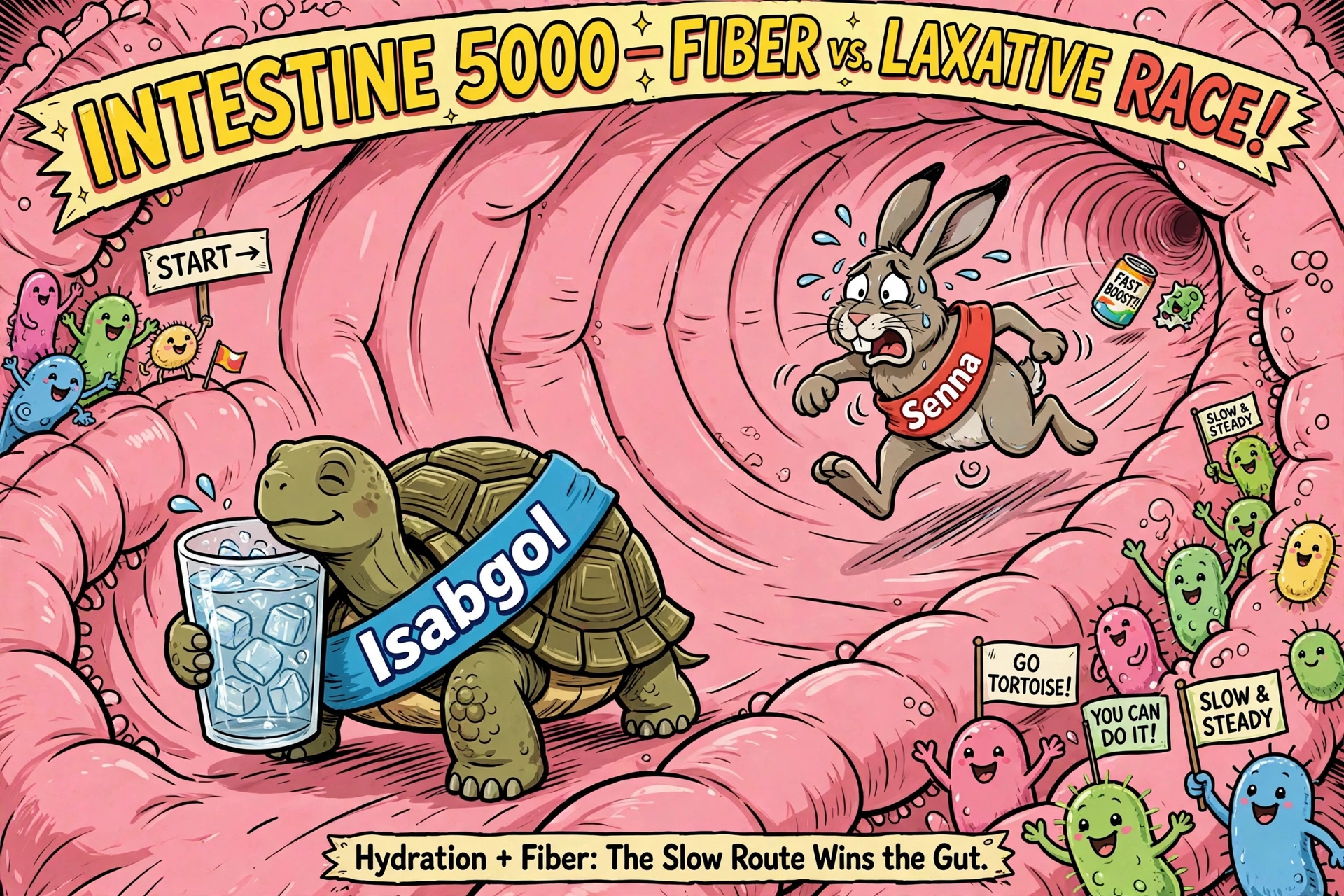 Cartoon of a hare racing through the gut, labelled senna