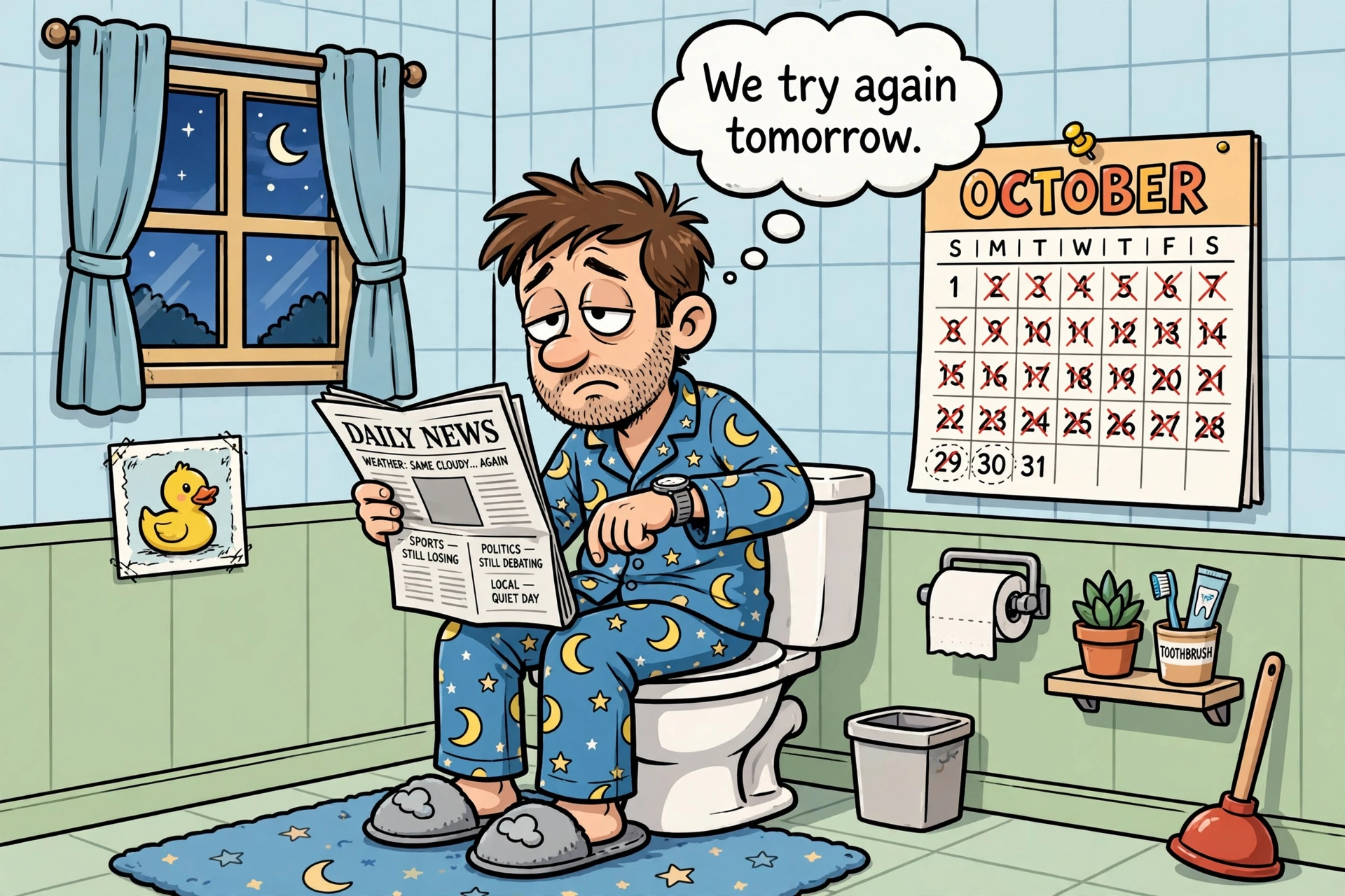 Cartoon of a person in a tense standoff with a toilet