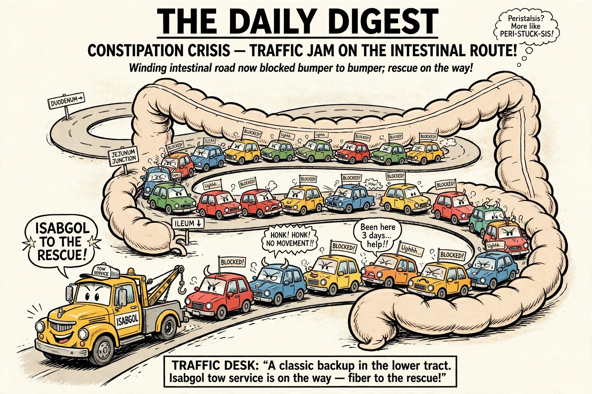 Cartoon of a traffic jam at the gut exit, attributed to the Traffic Desk