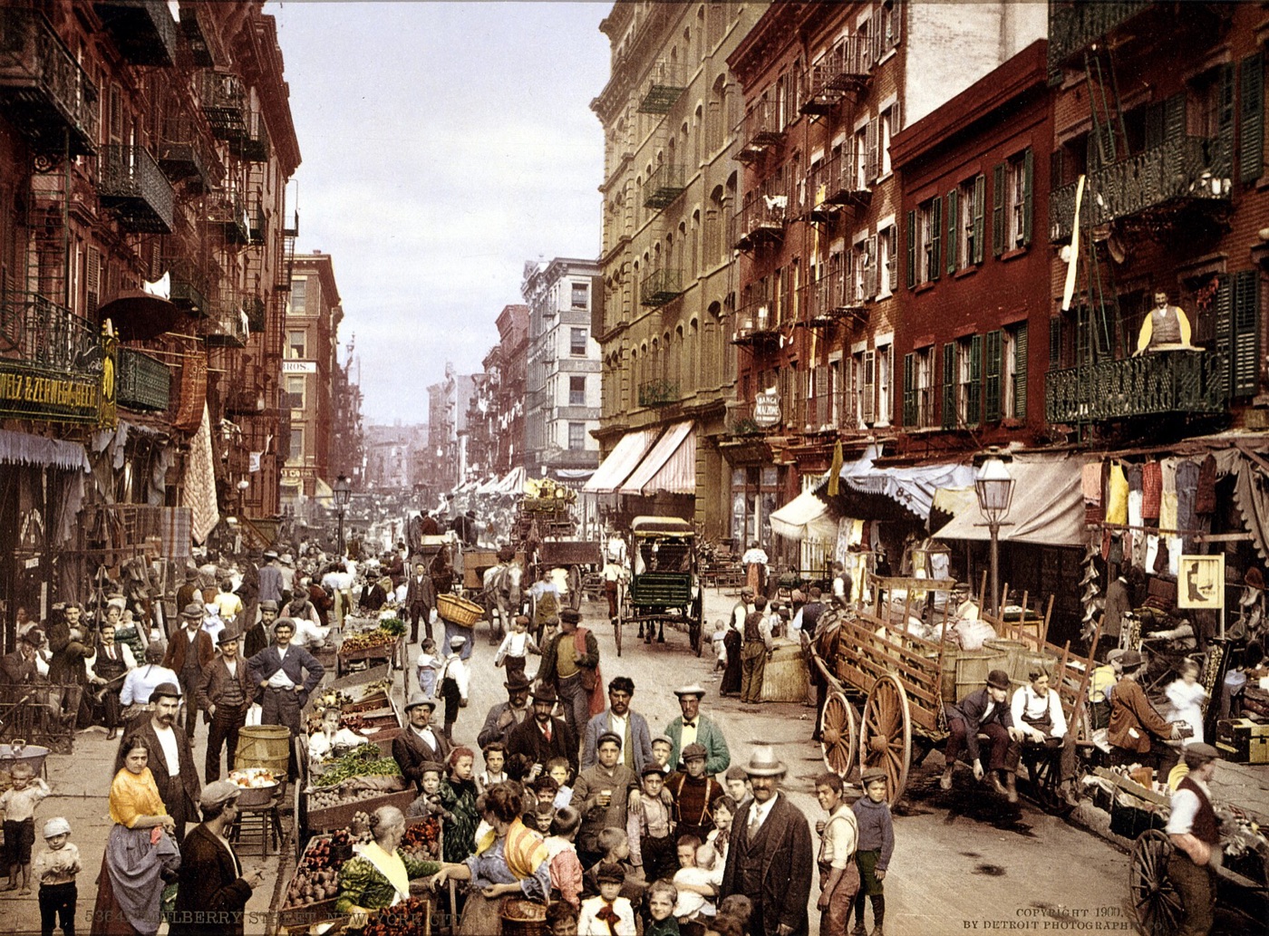 Mulberry Street in New York's Little Italy around 1900, crowded with pushcarts and shoppers